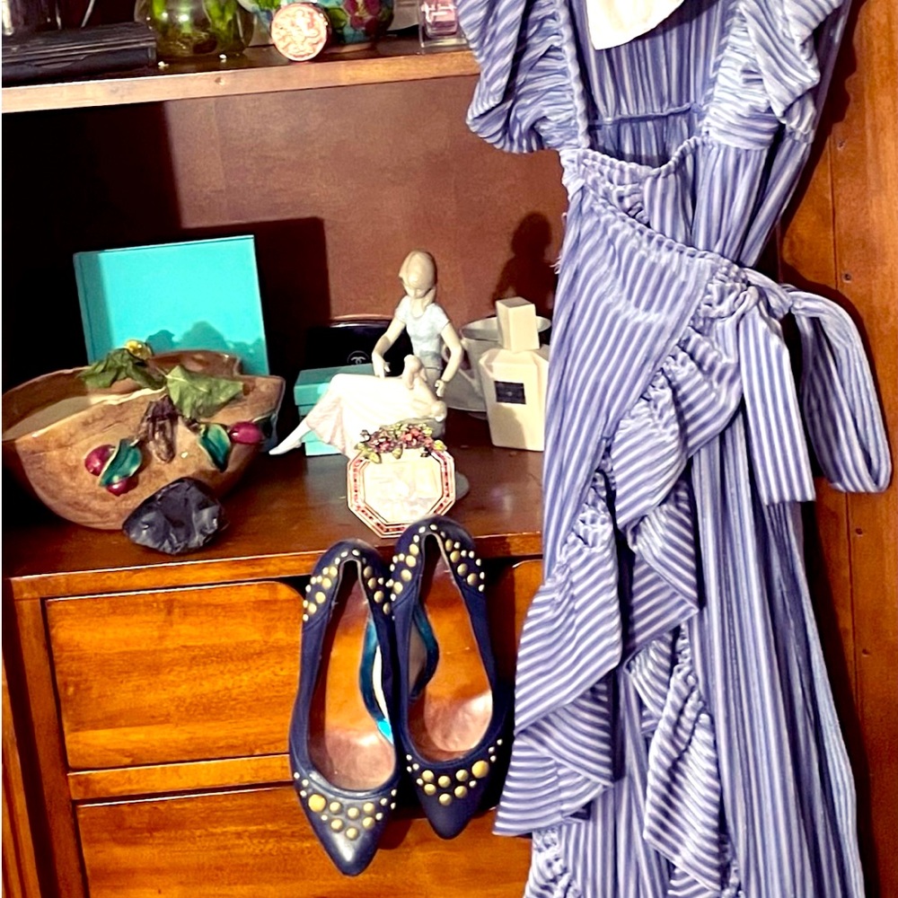 Misa Perwinkle Blue Pinstripe Wrap Dress.